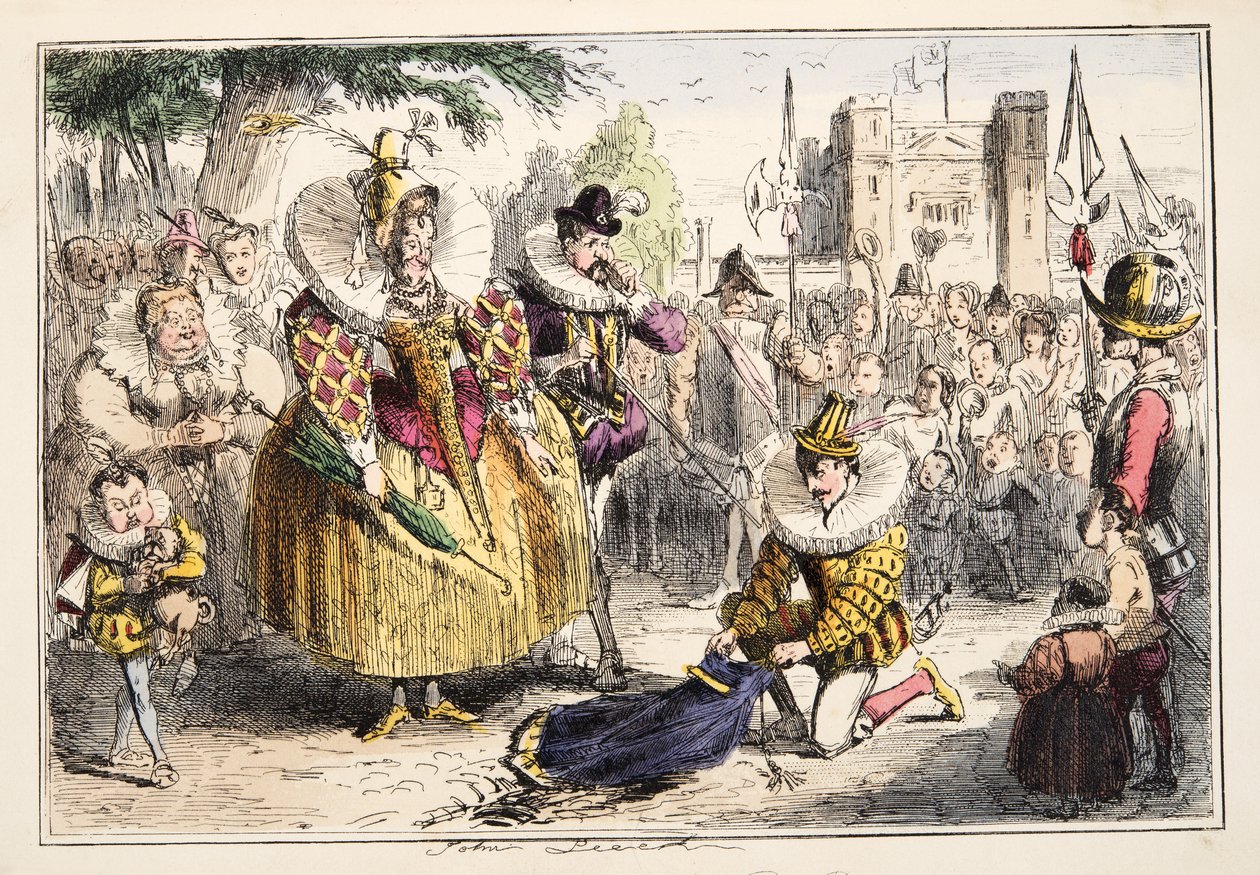 Queen Elizabeth a Sir Walter Raleigh, z The Comic History of England, pub. 1864 (ručně kolorovaný lept) od John Leech