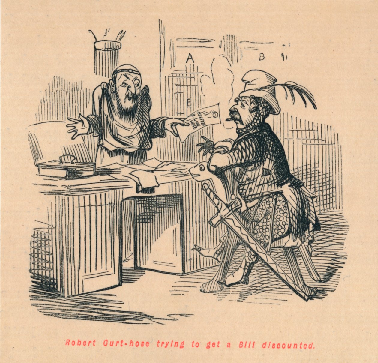 Robert Curthose se snaží získat slevu na účet, c1860, c1860 od John Leech