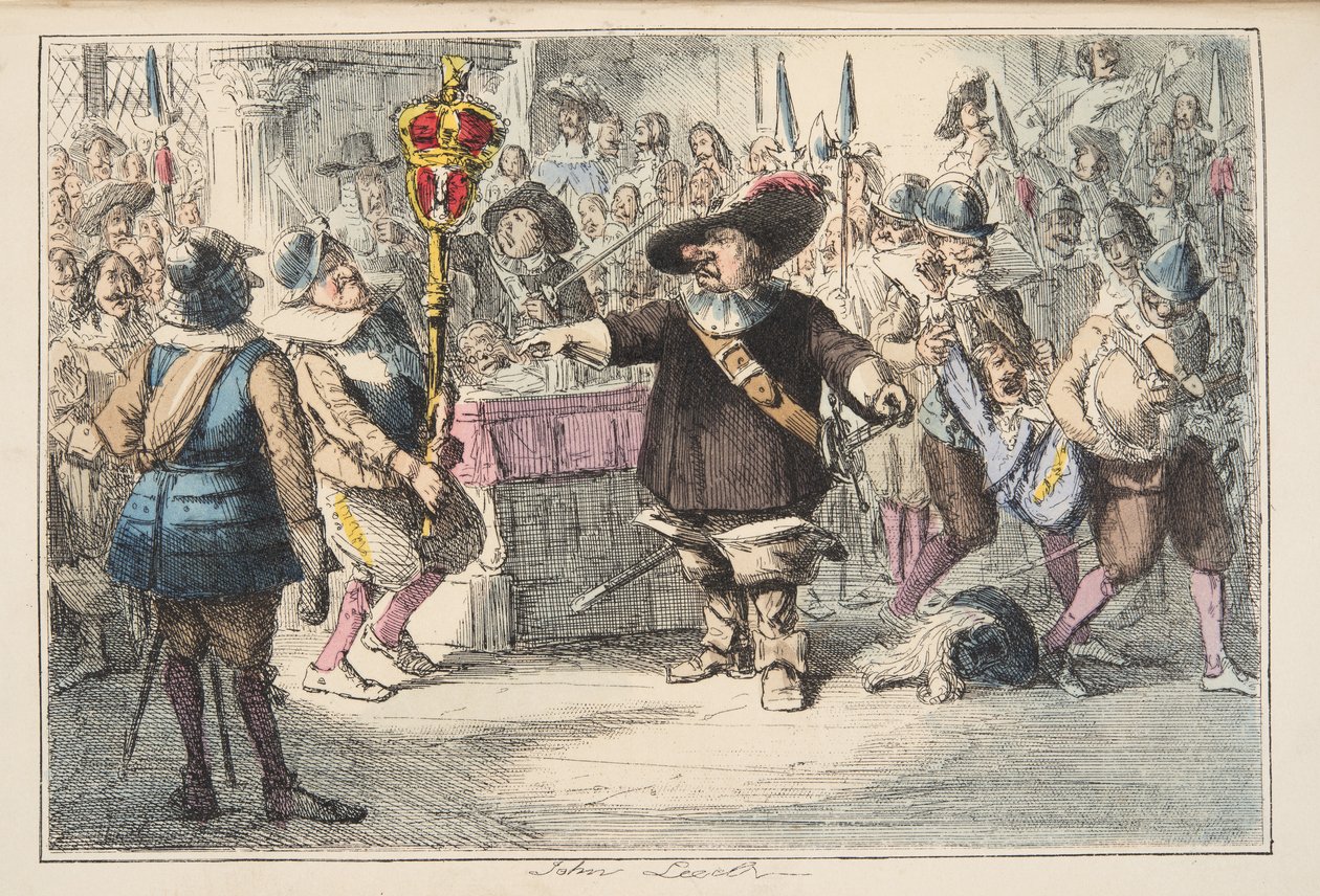 Odnes si tu Bauble, Cromwell rozpouštějící Dlouhý parlament, z The Comic History of England, pub. 1864 (ručně kolorovaný lept) od John Leech