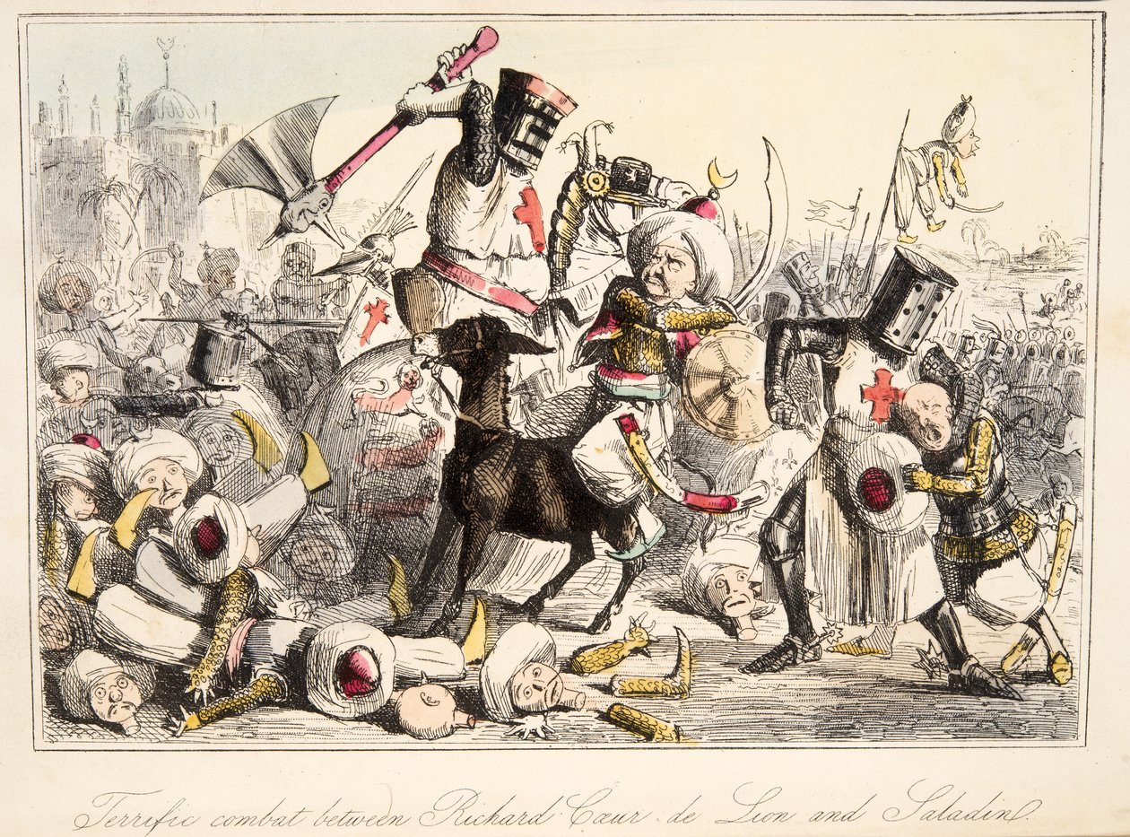 Úžasný boj mezi Richardem Coeurem de Lionem a Saladinem z The Comic History of England, pub. 1864 (ručně kolorovaný lept) od John Leech