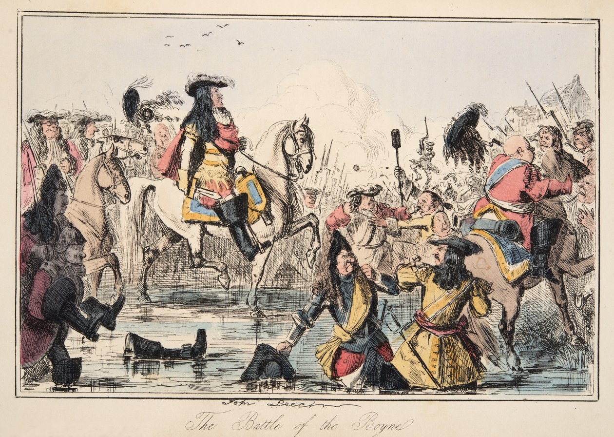 Bitva u Boyne, z knihy The Comic History of England, vyd. 1864 (ručně kolorovaný lept) od John Leech