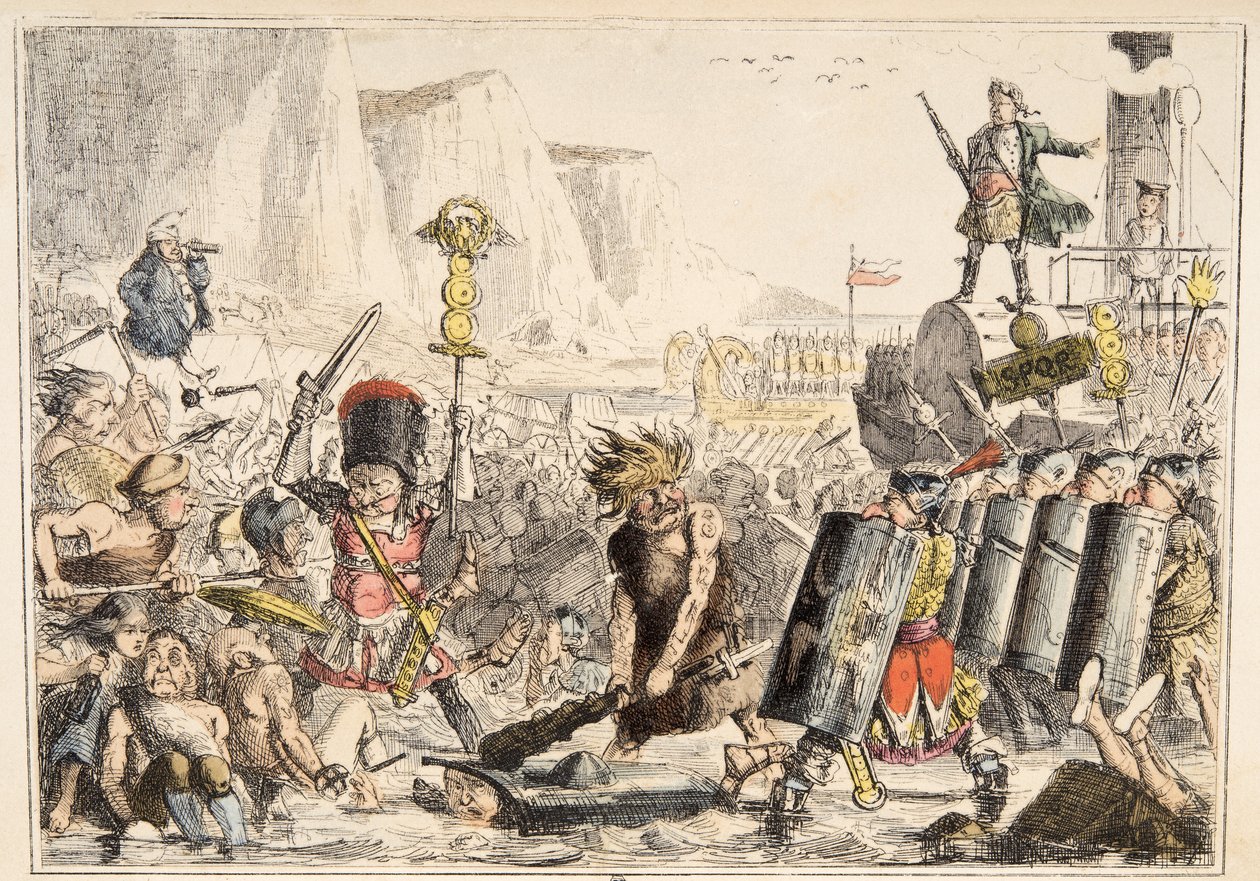 Vylodění Julia Caesara z knihy The Comic History of England, vyd. 1864 (ručně kolorovaný lept) od John Leech