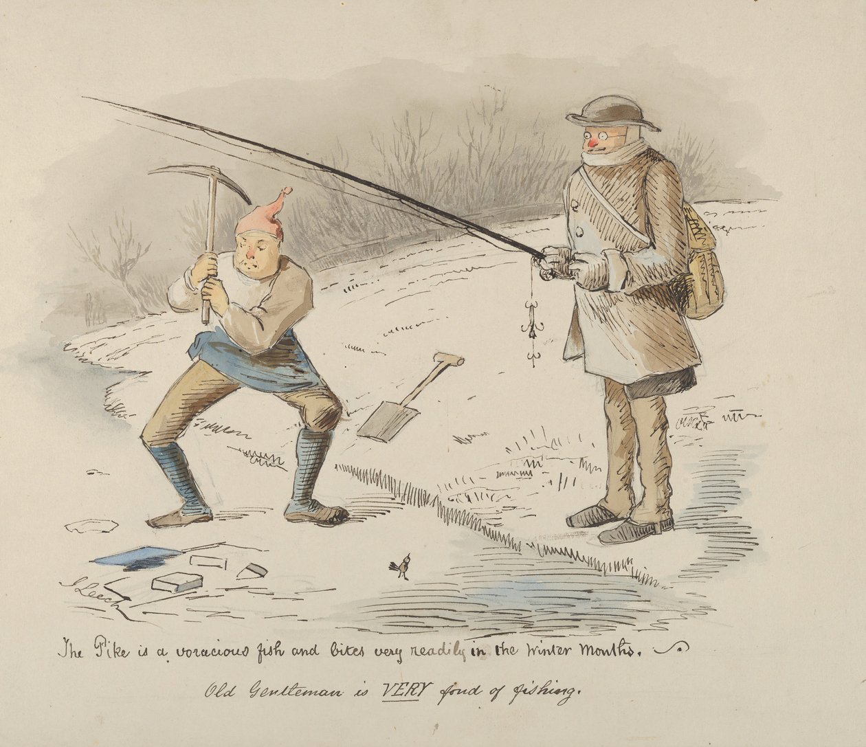 Štika je nenasytná ryba a v zimních měsících ochotně kousne-Starý pán..., 1830-64. od John Leech