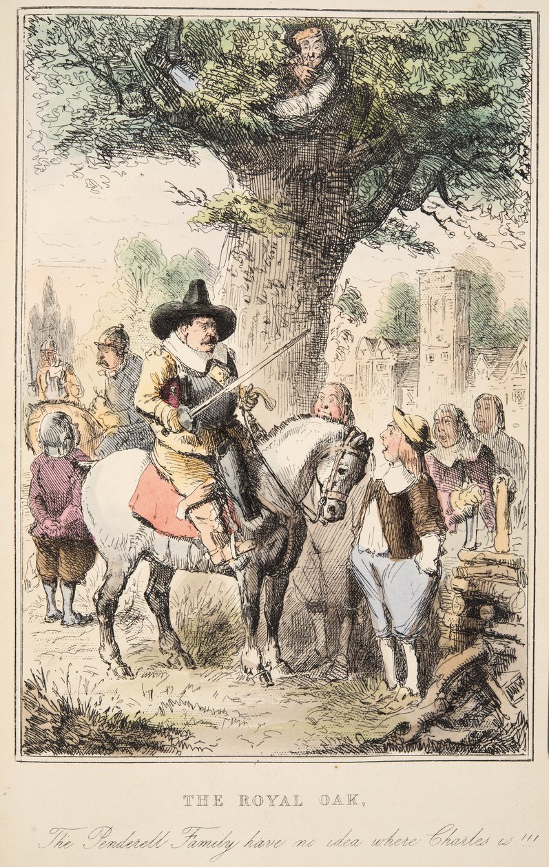 Královský dub. Rodina Penderellových netuší, kde je Charles!!!, z The Comic History of England, hospoda. 1864 (ručně kolorovaný lept) od John Leech