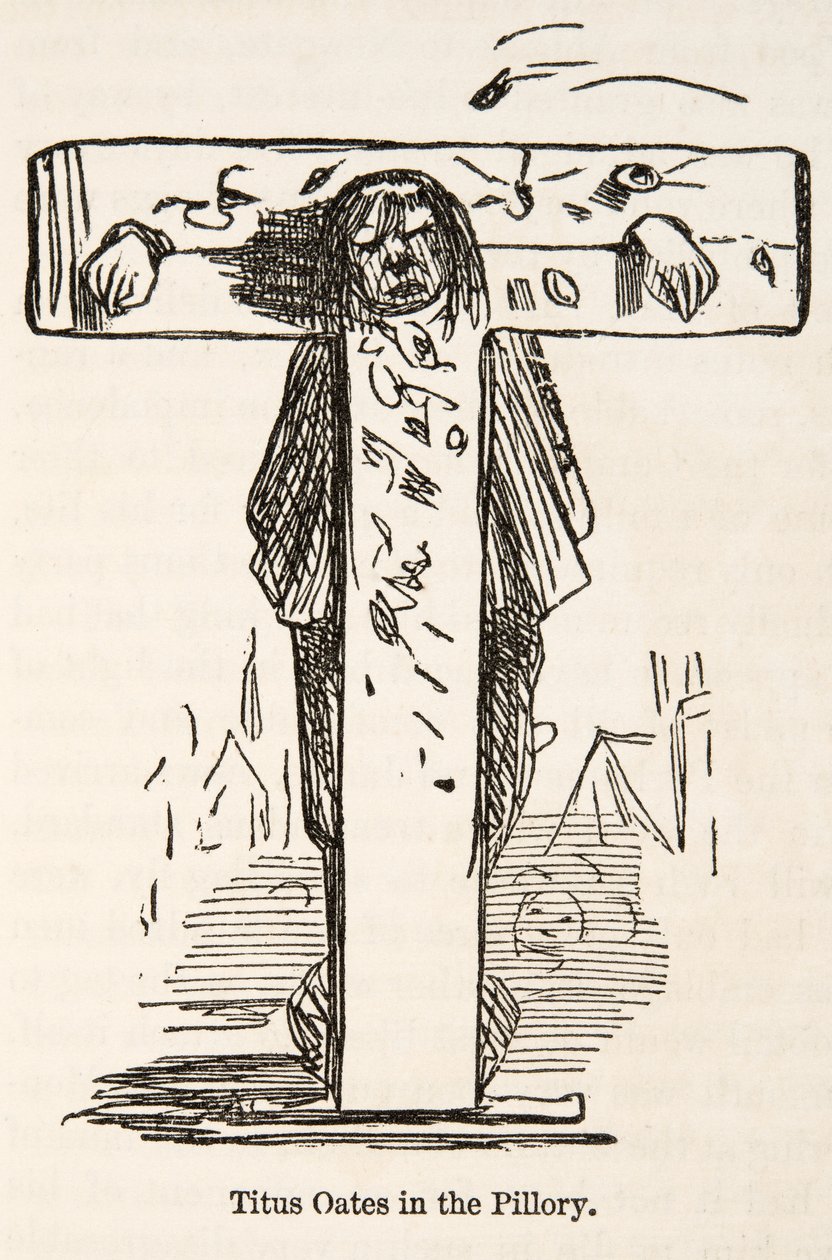 Titus Oates v pilíři, z The Comic History of England, pub. 1864 od John Leech