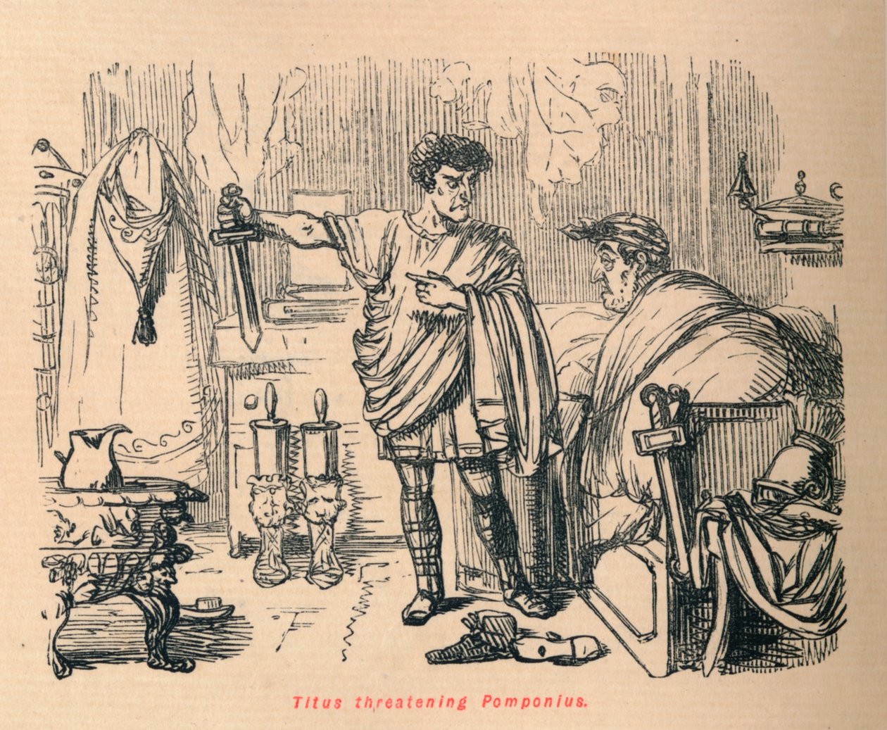 Titus ohrožující Pomponius, 1852 od John Leech