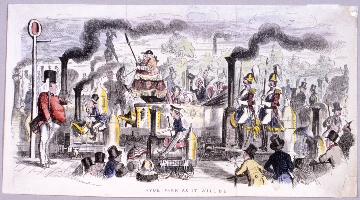 Pohled na Hyde Park, který satirizuje příchod parní lokomotivy, Londýn, c1850 od John Leech