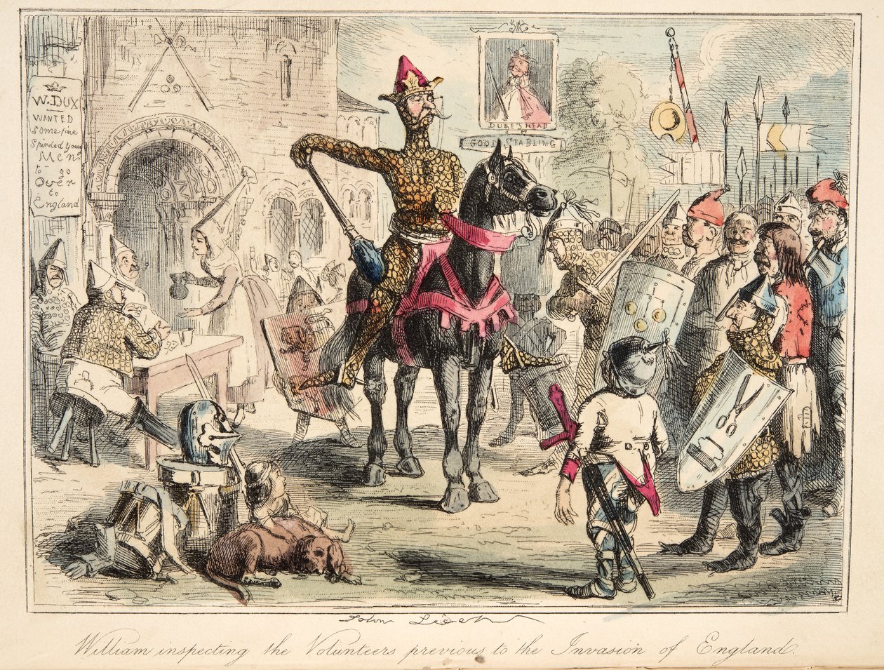 William the Conqueror inspecting the Volunteers předchozí k invazi do Anglie, z The Comic History of England, pub. 1864 (ručně kolorovaný lept) od John Leech