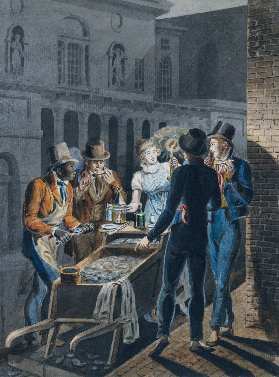 Noční život ve Philadelphii – Oyster Barrow před divadlem Chestnut Street Theatre, 1811-ca. 1813. od John Lewis Krimmel
