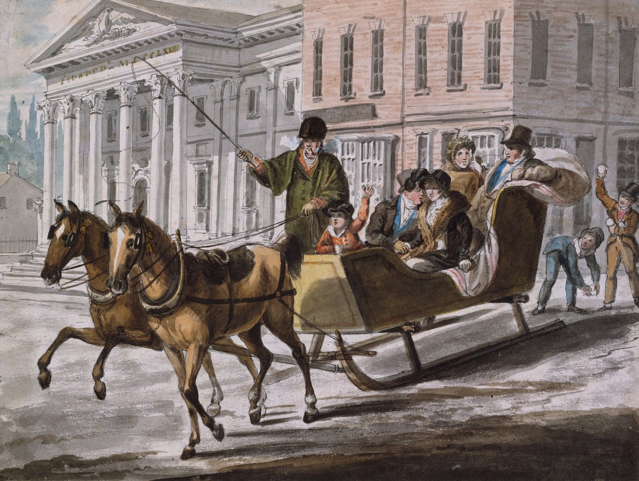 Zimní scéna ve Philadelphii – Banka Spojených států v pozadí, 1811-ca. 1813. od John Lewis Krimmel