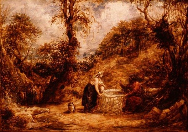 Kristus a žena Samaří u Jákobovy studny, kolem 1850-60 (olej na panelu) od John Linnell