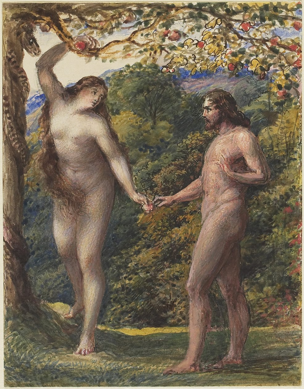 Eva Offering the Forbidden Fruit Adamovi, 1830-35 (pero a hnědý inkoust s wc zvýšeným tělovou barvou přes grafit na tkaném papíře) od John Linnell