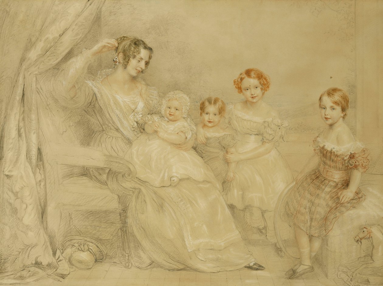 Portrét paní W.S. Fry a její čtyři děti: Emma, Willy, Julie a Georgina, sedící v interiéru, 1840 od John Linnell