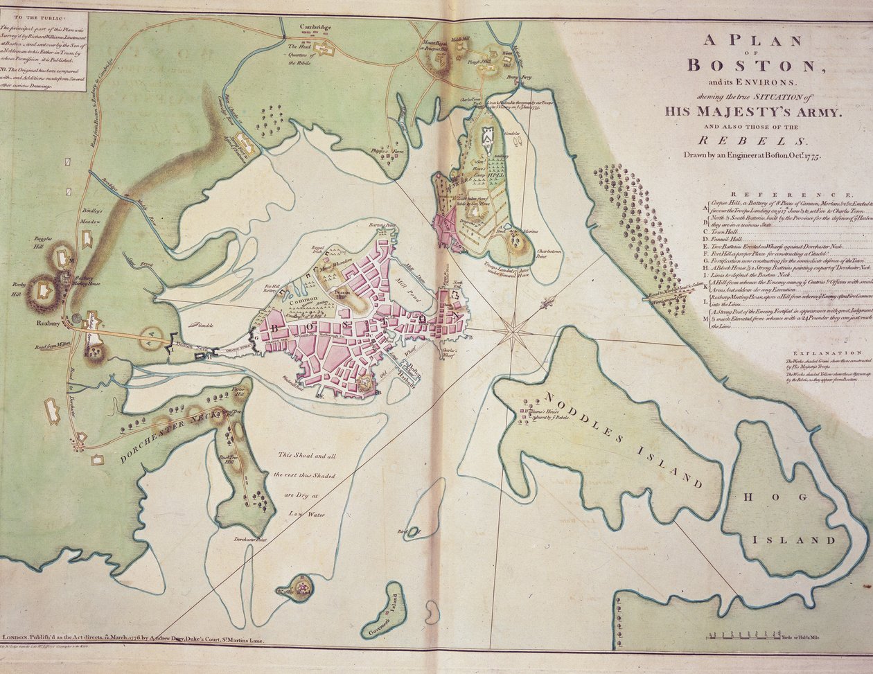 Plán Bostonu a jeho okolí znázorňující postavení britských sil a povstaleckých amerických sil, nakreslený v říjnu 1775, vytištěný v „The North American Atlas“ od John Lodge