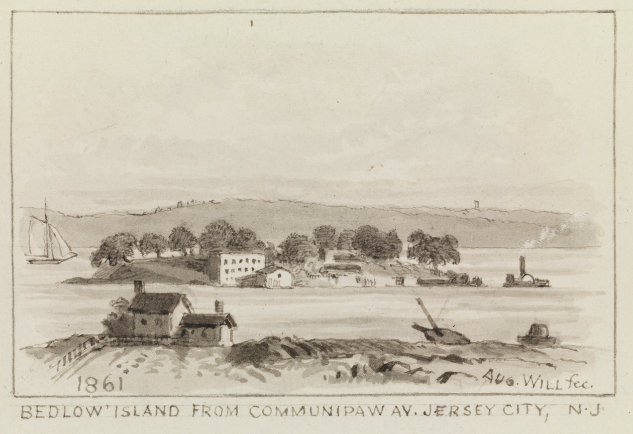 Ostrov Bedloe z Communipaw Ave., Jersey City, NJ, 1861 od John M. August Will
