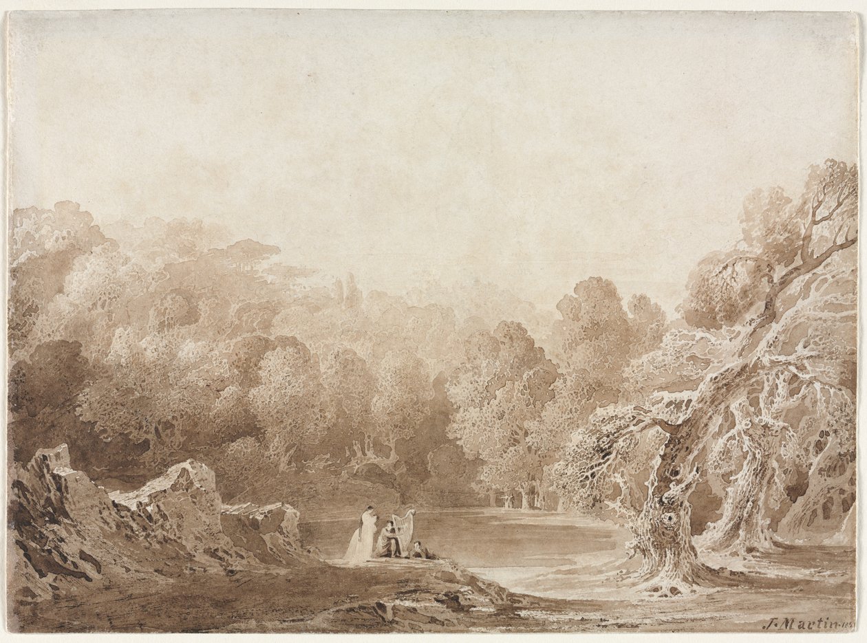 Muž hrající na harfu s dalšími figurami u jezera, 1820. od John Martin
