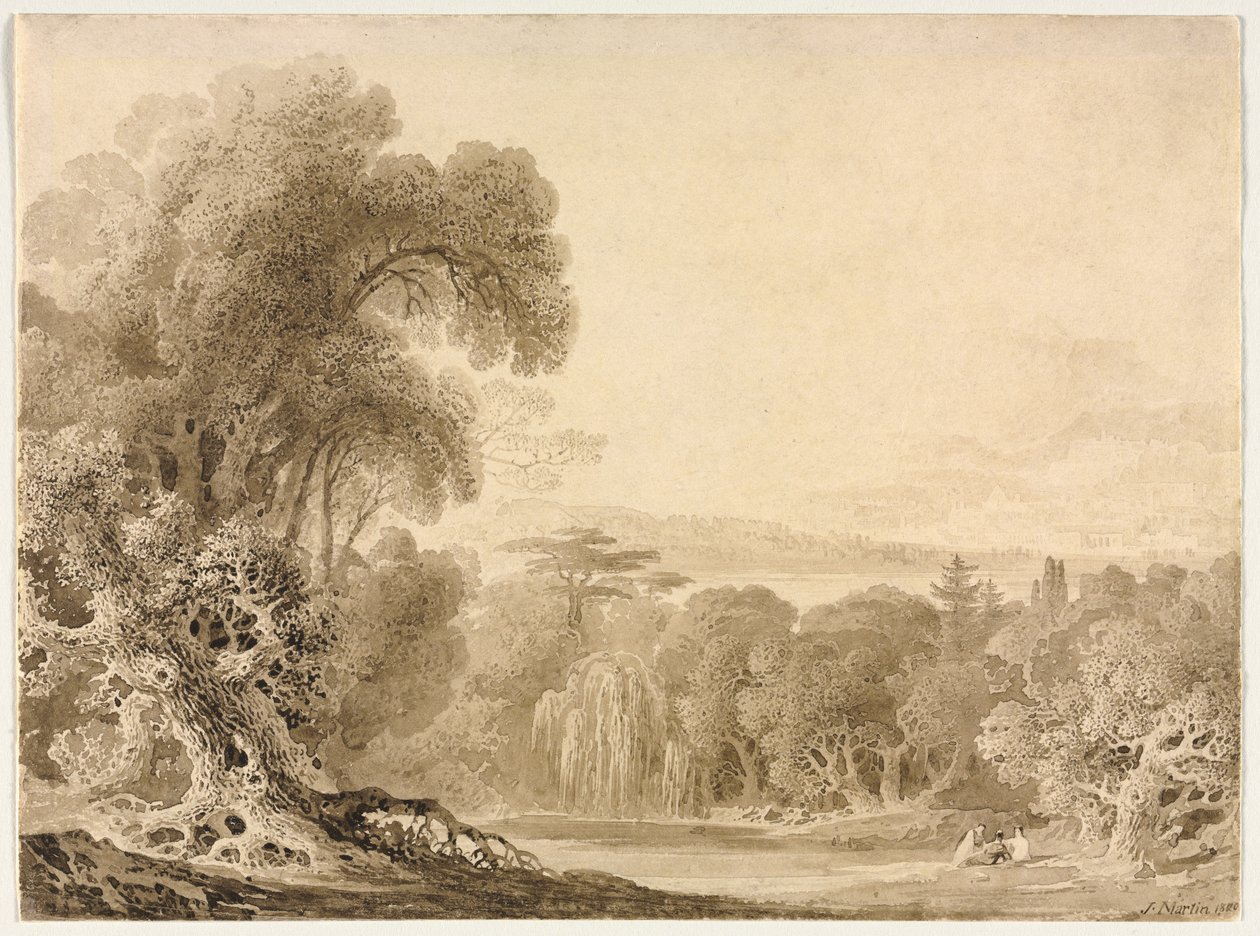 Postavy sedící u jezera v zalesněné krajině, 1820. od John Martin