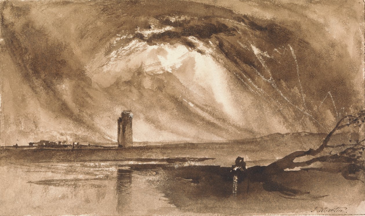 Krajina s věží a blížící se bouří od John Martin