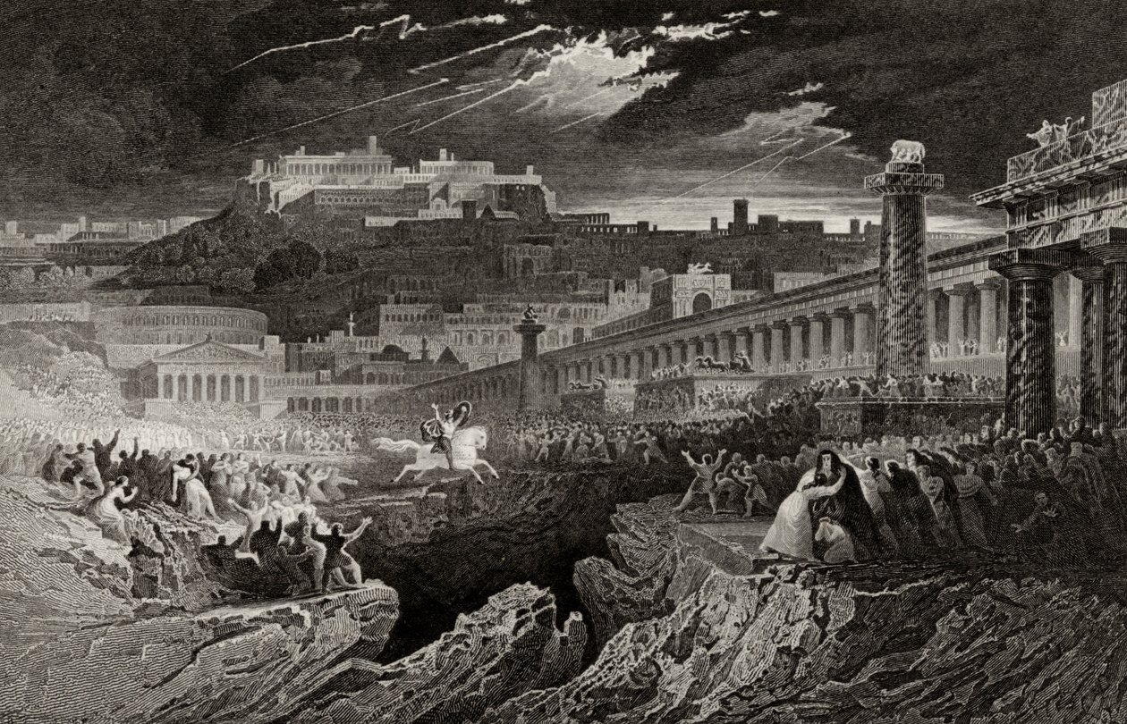 Marcus Curtius jedoucí do propasti, vyrytý H. Le Keuxem od John Martin