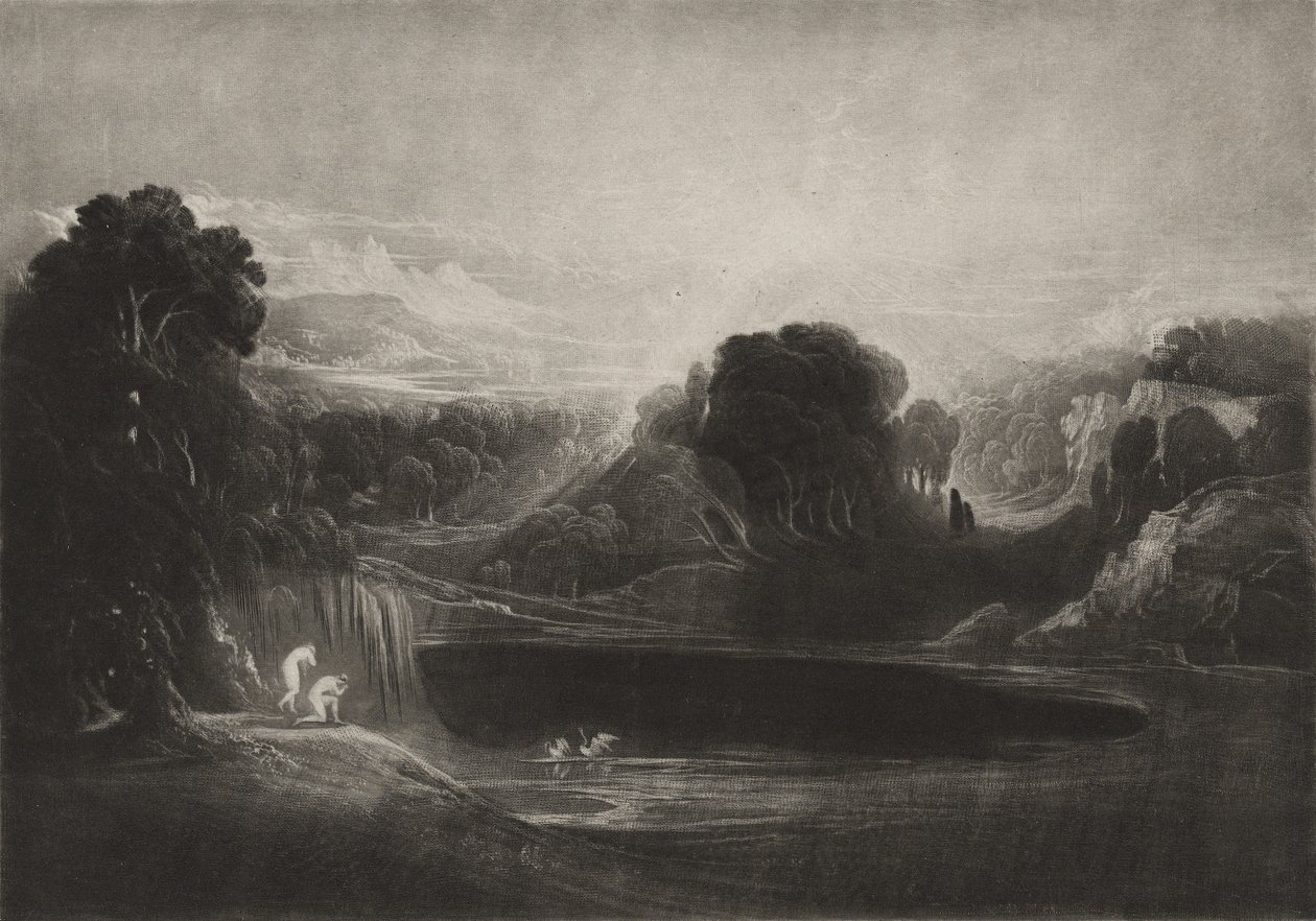 Ráj – Adam a Eva – ranní hymna, kolem roku 1827 (mezzotinta) od John Martin