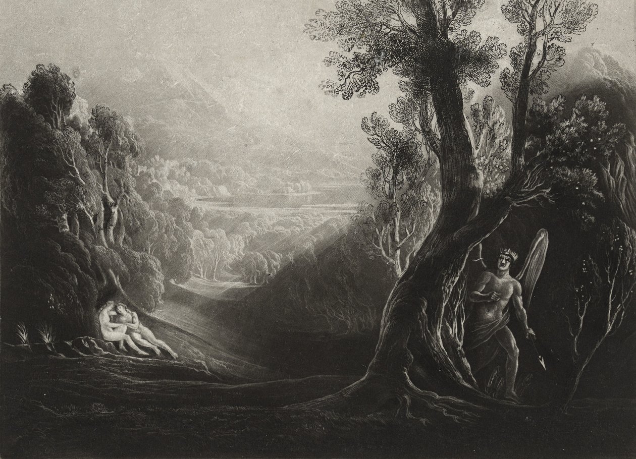Satan rozjímá a Eva v ráji, kolem roku 1827 (mezzotinta) od John Martin