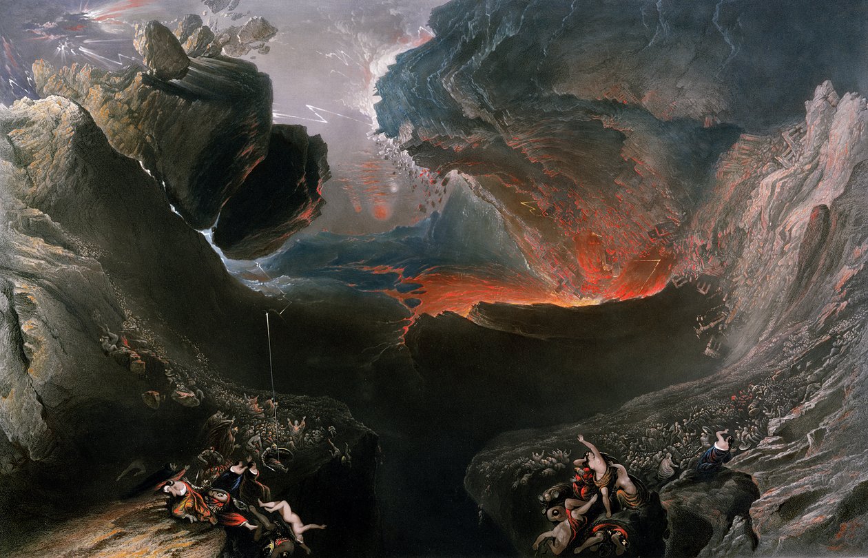 The Great Day of His Wrath, vyrytý Charles Mottram (1807-76), publikoval Thomas McLean, Londýn v roce 1857 (ručně kolorovaná rytina) od John Martin