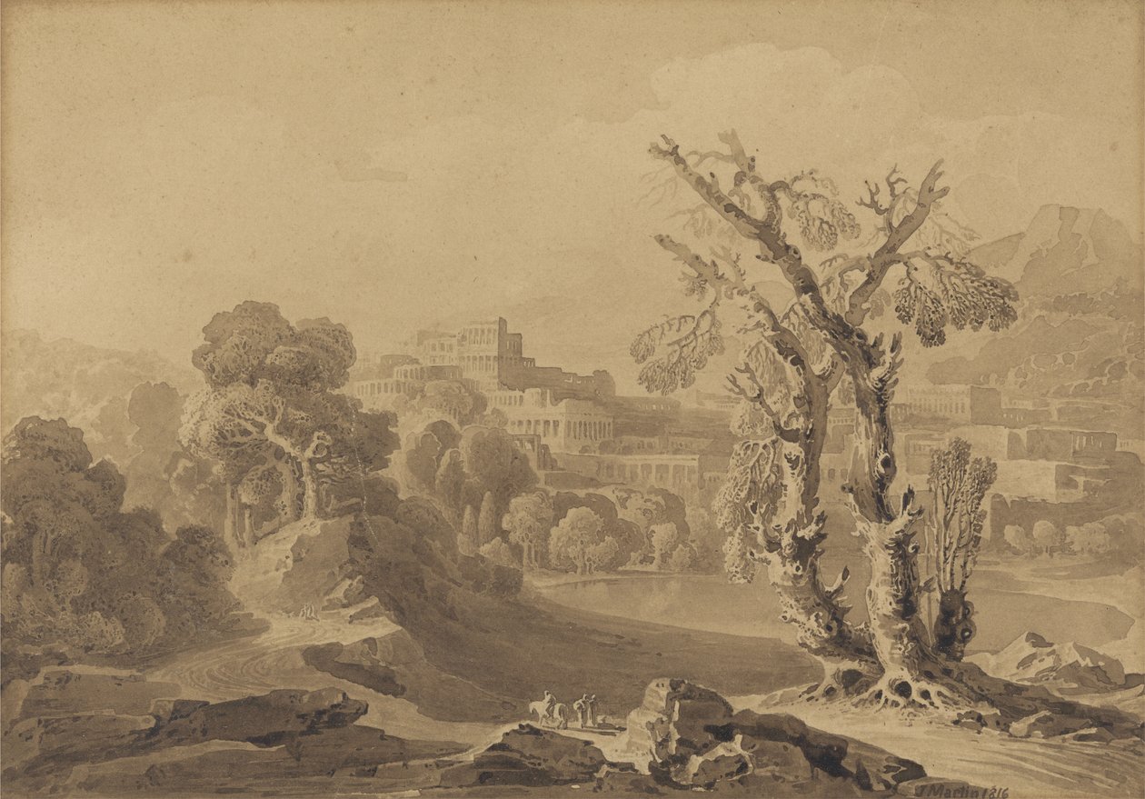 Bez názvu: Klasické město v krajině, 1816 (mytí na kartě) od John Martin