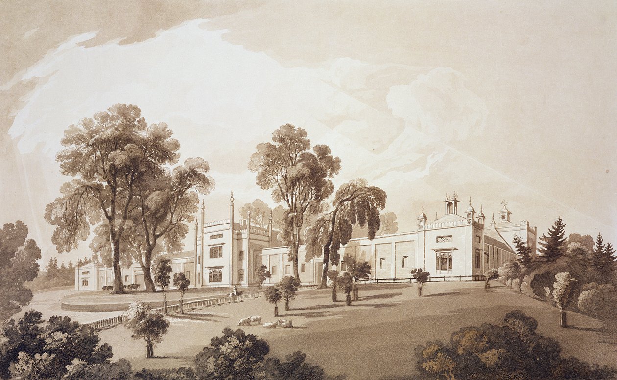 Pohled na Farm House s obrazovkou do stájí a hospodářských budov do Sezincote House, vyrytý Frederickem Christianem Lewisem Snr. (1779-1856), kolem 1817-18 (sépiová akvatinta) od John Martin
