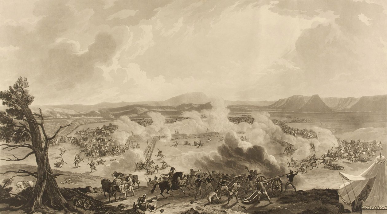 „Bitva u Kirkee se odehrála 5. listopadu 1816, při které památné příležitosti porazilo 4785 [sic] britských vojáků armádu Mahratta“ (akvatinta, barevné) od John Massey (after) Wright