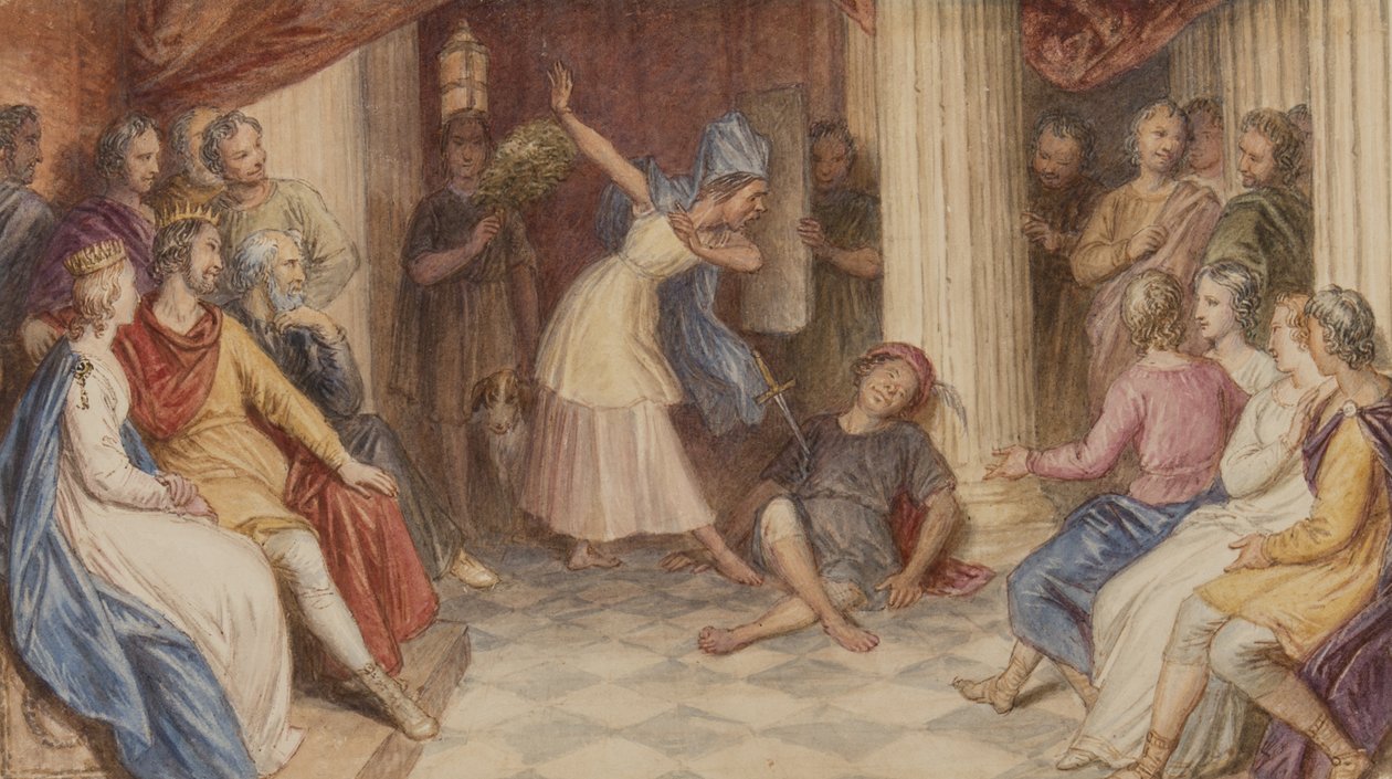 Pyramus a Thisbe, Sen noci svatojánské, V. dějství, I. scéna, asi 1840 (čb na papíře) od John Massey Wright