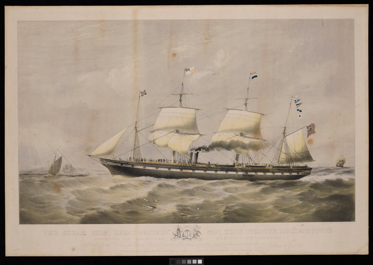 Parní loď Great Britain... Majitelé Messrs Gibbs  Co... Občanům Velké Británie a Spojených států amerických je tato deska s úctou věnována... od John McGahey