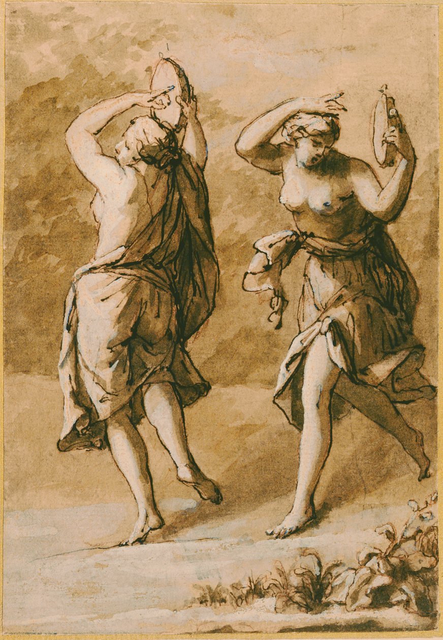 Two Maenads, A Study (hnědá barva s bílými odlesky a hnědým inkoustem na papíře) od John Michael Rysbrack