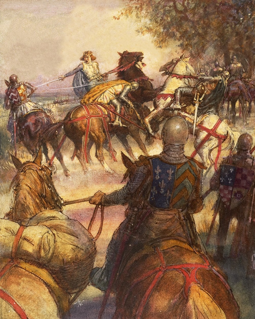 Francouzský král Karel VI. se zcela šílený vrhá mečem na své stoupence. od John Millar Watt