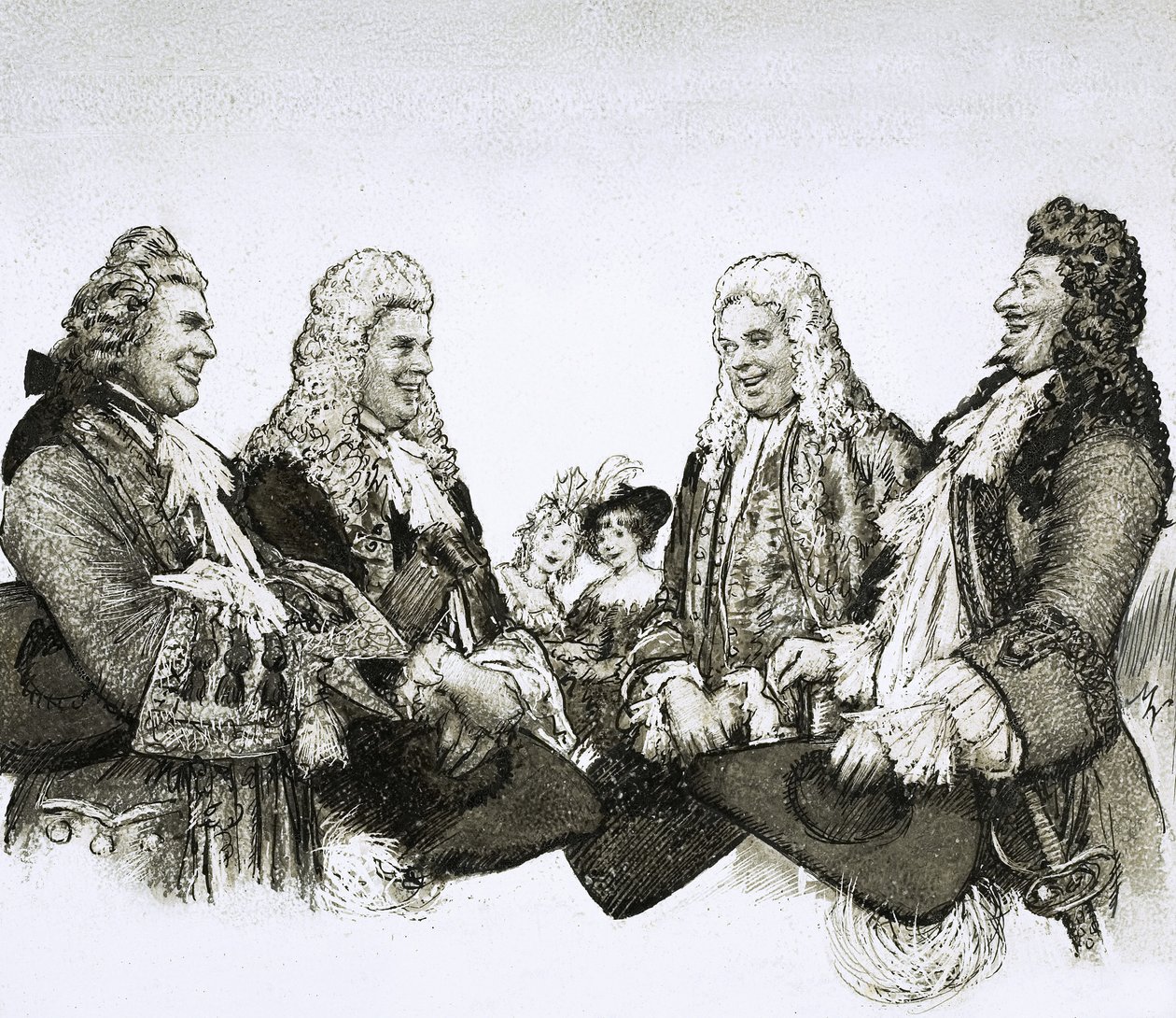 V době francouzského krále Ludvíka XIV. nosili pánové obrovské paruky. od John Millar Watt