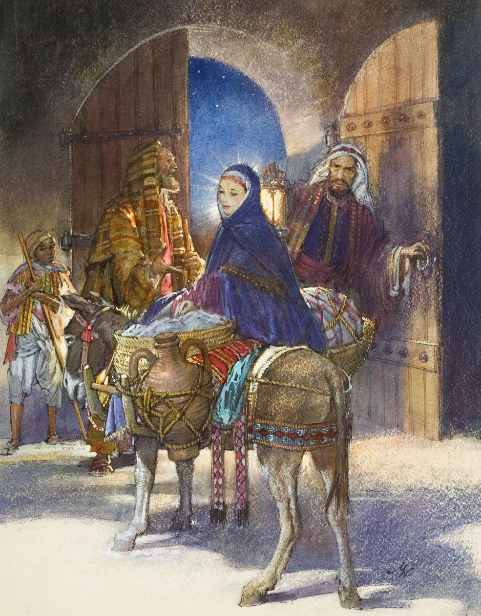 Příběh hostinského: Marie a Josef přicházejí do Betléma (kvaš na papíře) od John Millar Watt