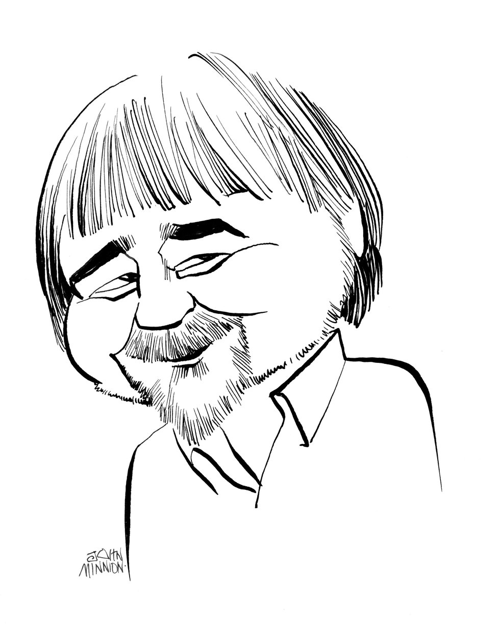 Alan Bleasdale karikatura, anglický televizní dramatik: b od John Minnion