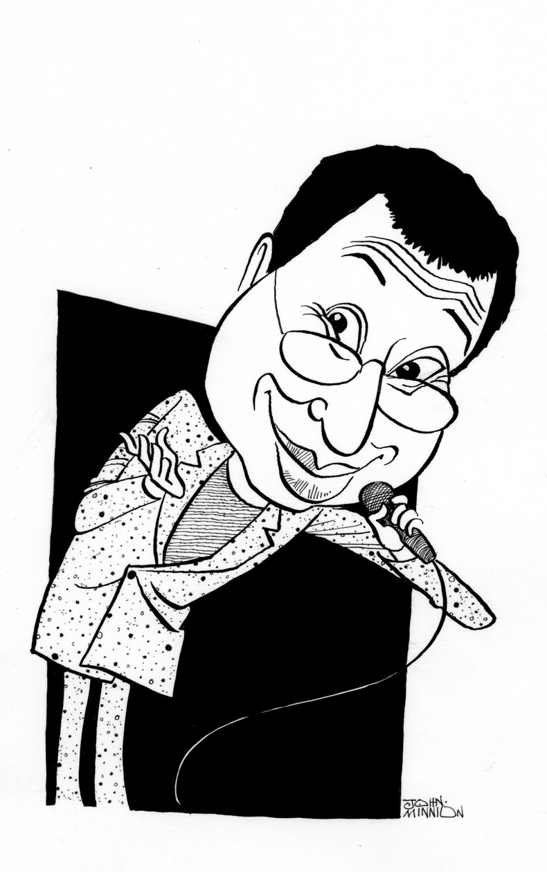 Ben Elton karikatura, anglický komik, scénárista a režisér: b od John Minnion