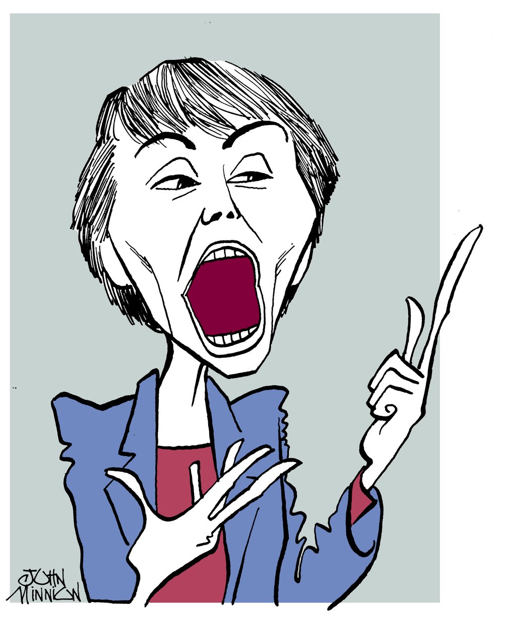 Camille Paglia - karikatura s otevřenými ústy od John Minnion