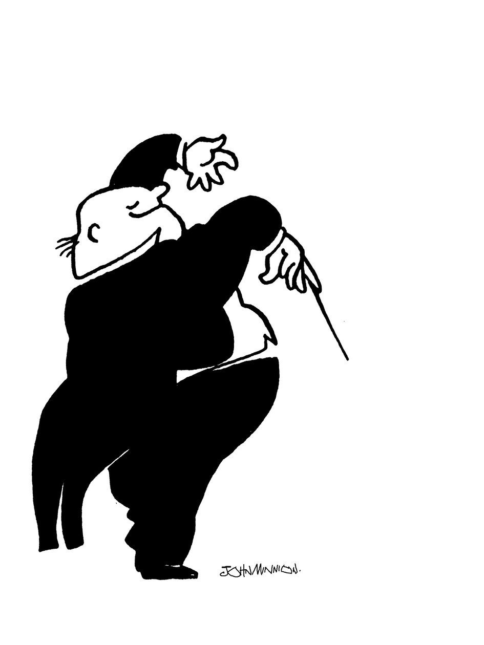 Karikatura veselého tlustého průvodčího od John Minnion