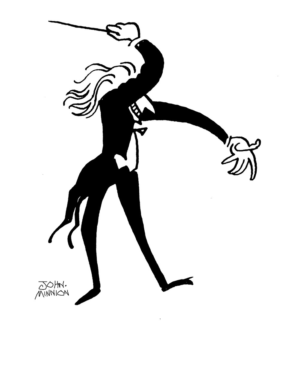 Karikatura dirigenta, který dramaticky diriguje od John Minnion
