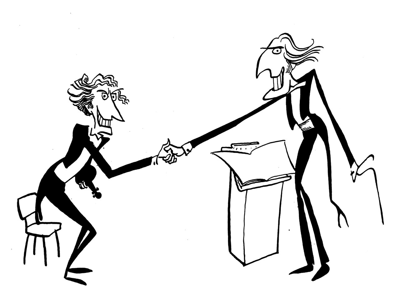 Karikatura dirigenta vítajícího vedoucího orchestru od John Minnion
