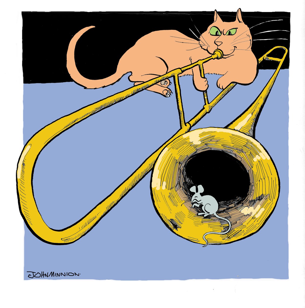 Kočka hrající na trombón od John Minnion