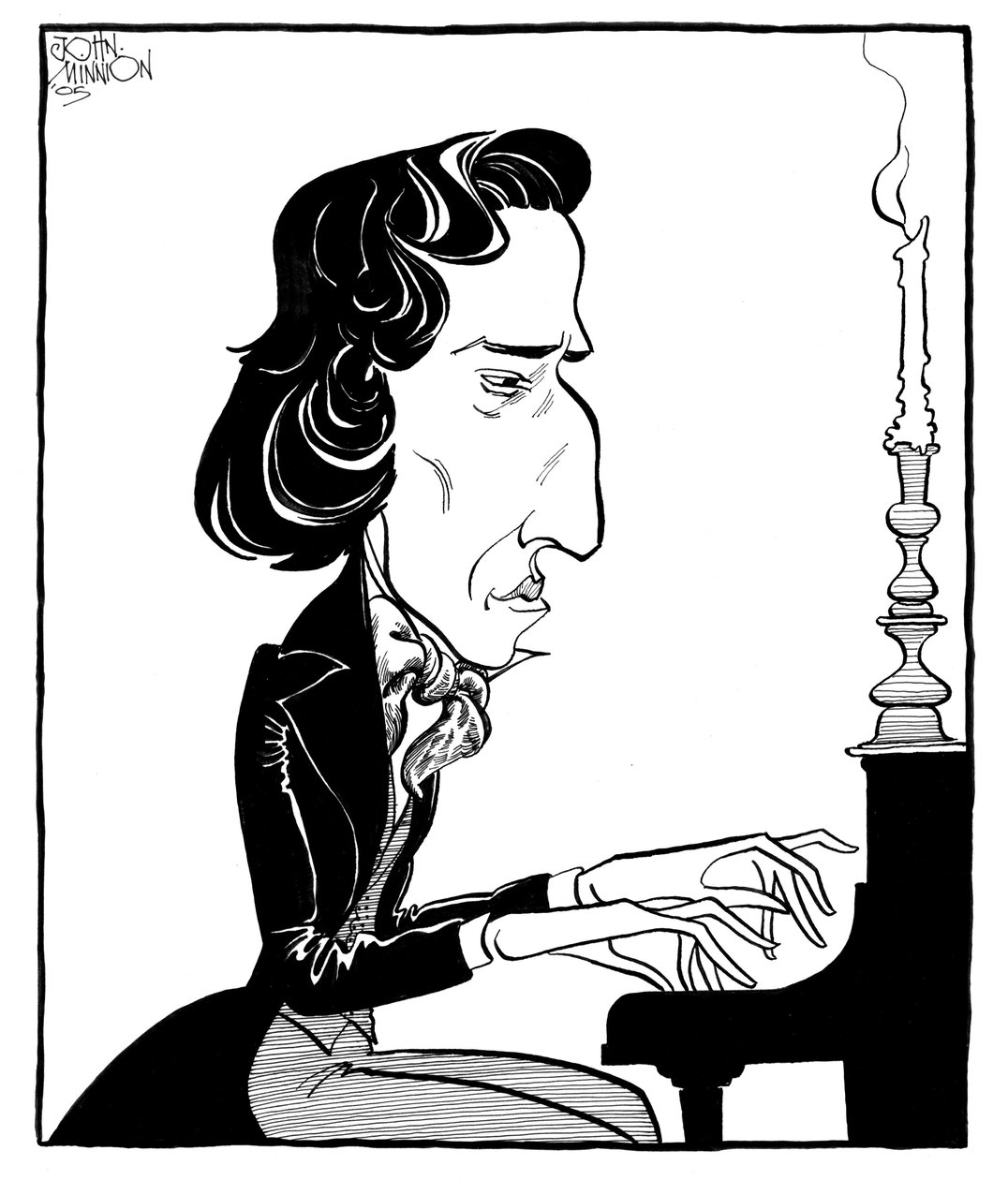 Frederic Chopin - karikatura polského skladatele a klavíristy hrajícího na klavír od John Minnion