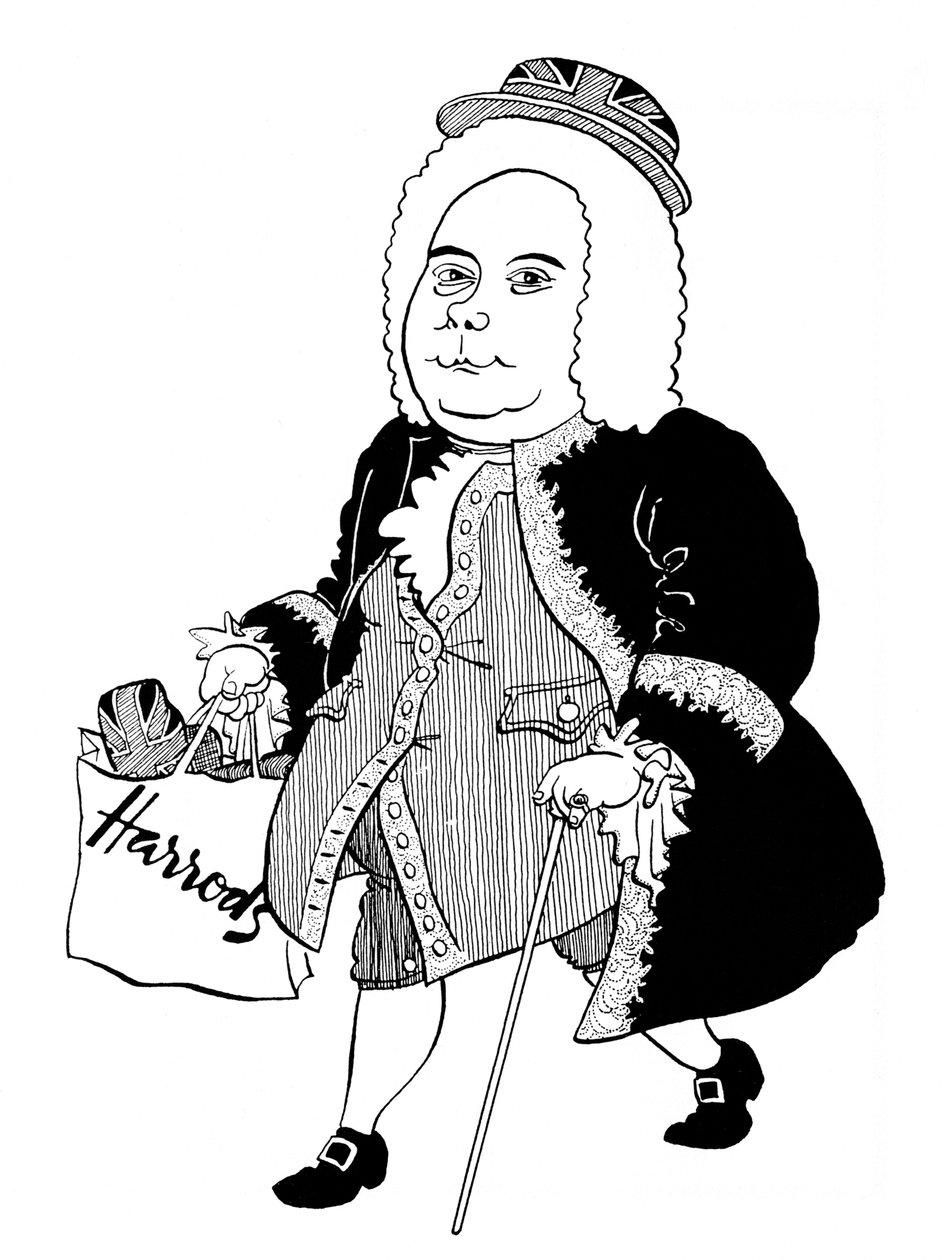 Georg Friedrich - George Frideric Handel - karikatura německého (později anglického) skladatele s kloboukem Union Jack a taškou Harrods od John Minnion