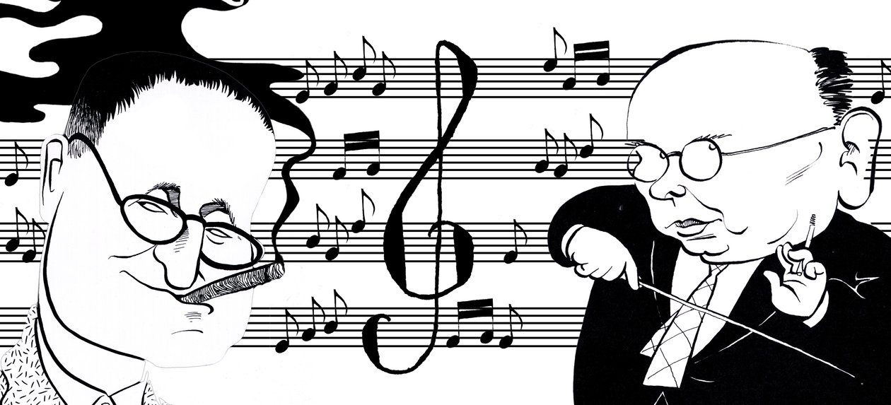 Hanns Eisler a Bertolt Brecht - karikaturní koláž od John Minnion