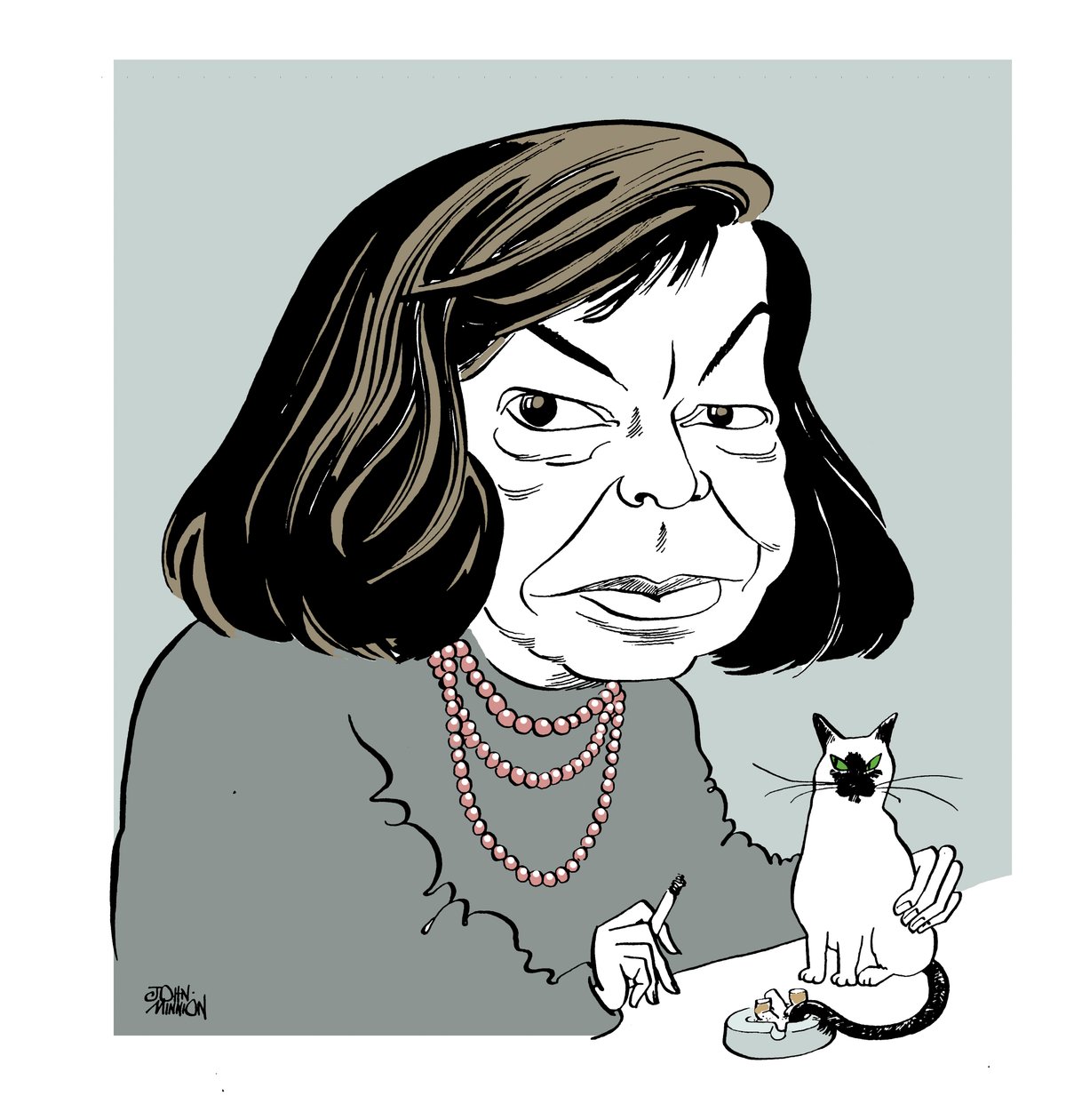 Patricia Highsmith - karikatura s kouřící kočkou od John Minnion