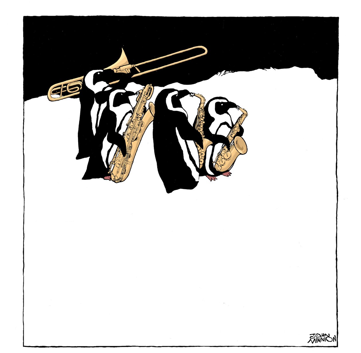 Kapela tučňáků - karikatura skupiny tučňáků hrajících na dechové nástroje - trombón a saxofony od John Minnion
