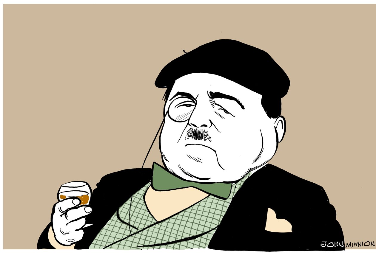 Reynaldo Hahn - karikatura německého venezuelského skladatele a dirigenta se sklenkou vína od John Minnion