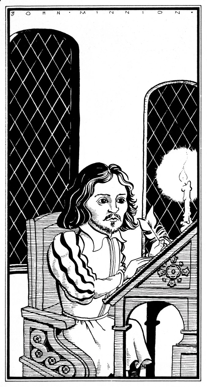 Thomas Tallis - karikatura sedící u psacího stolu - anglický hudební skladatel - 30. ledna 1505 - 23. listopadu 1585 od John Minnion