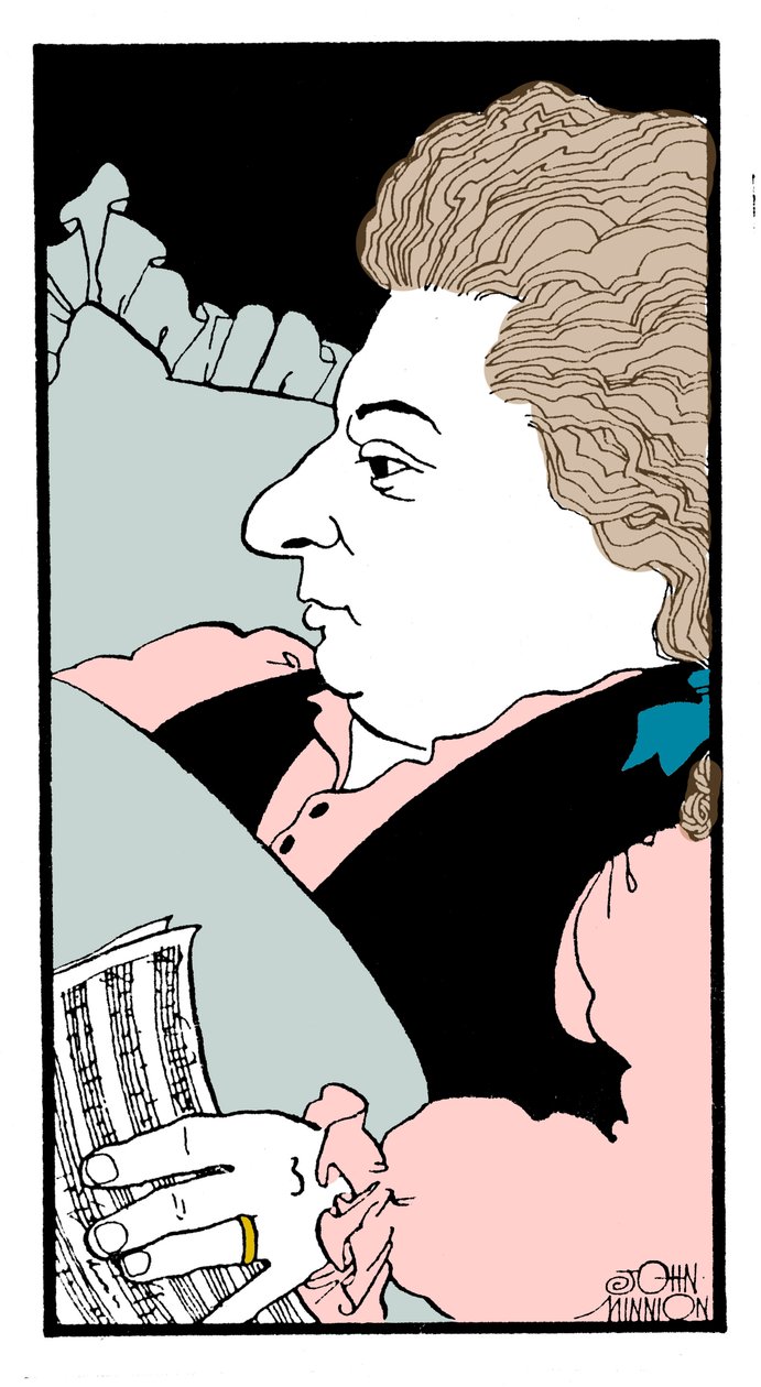 Wolfgang Amadeus Mozart - karikatura rakouského skladatele na smrtelné posteli od John Minnion